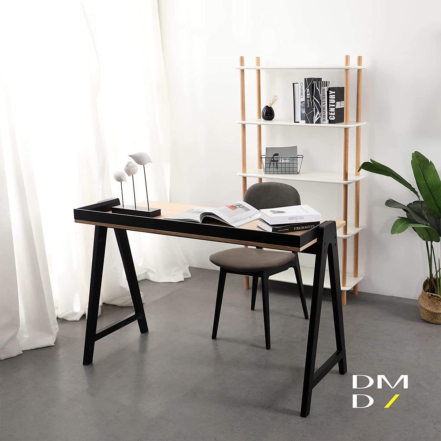 KAI Desk, Modern Nordic Desk, Study desk, Computer Desk, Study Table for home office with Solid Wood Base & Oak Top By Daamudi black office setup