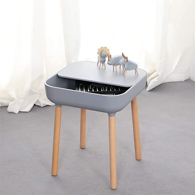 KAI Side Table, Minimalistic Nordic Style bedside table, sofa side table, nightstand, end table with storage unit & beechwood legs for Bedroom, Living Room & office-grey