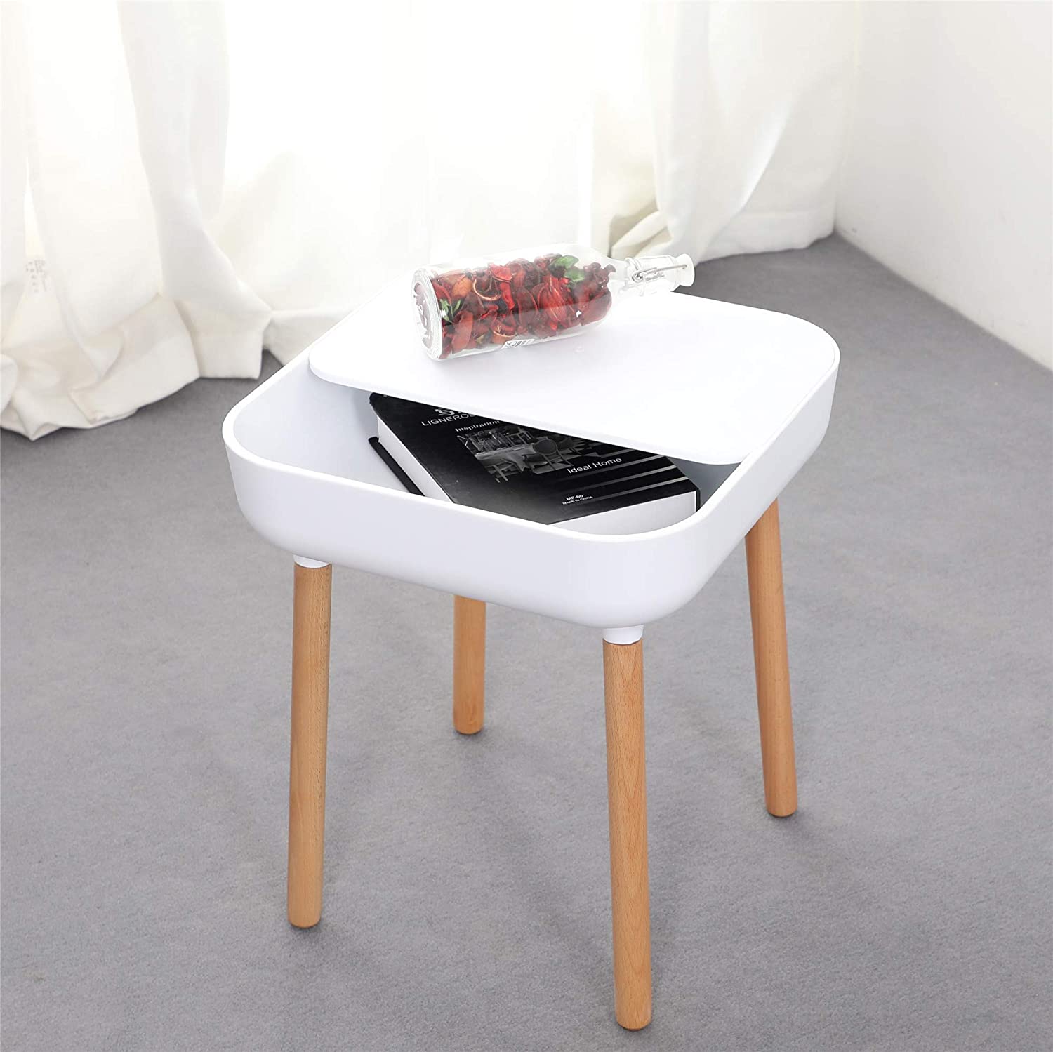 KAI Side Table, Minimalistic Nordic Style bedside table, sofa side table, nightstand, end table with storage unit & beechwood legs for Bedroom, Living Room & office-white